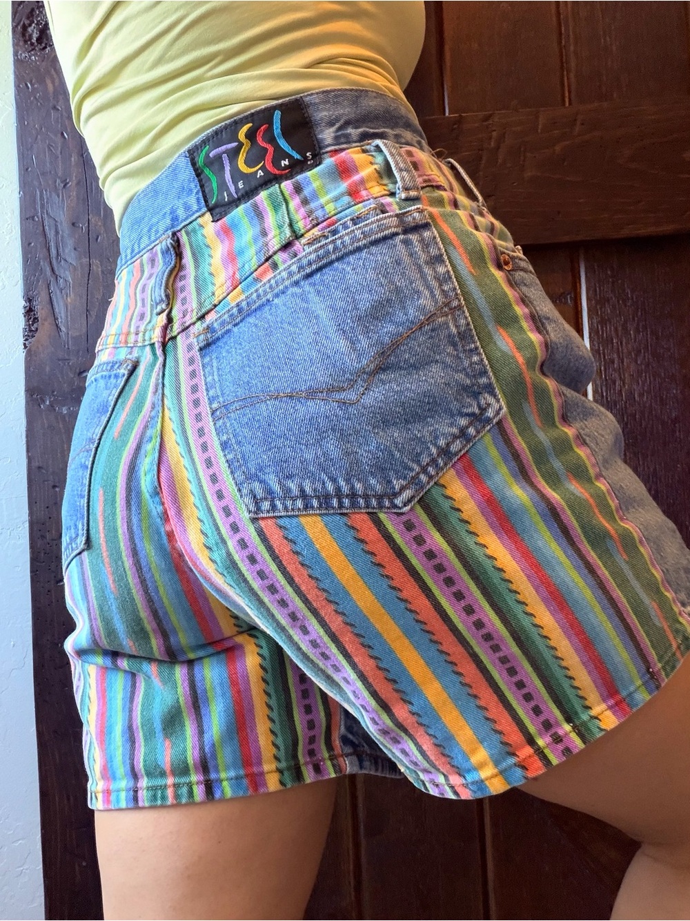 Vintage 90s STEEL Jeans Denim Shorts Southwestern Stripe Colorblock USA 11 Surf